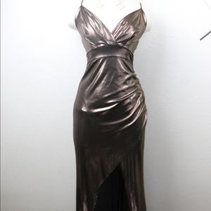 Metallic Brown Thigh Cutted Long Dress For Prom